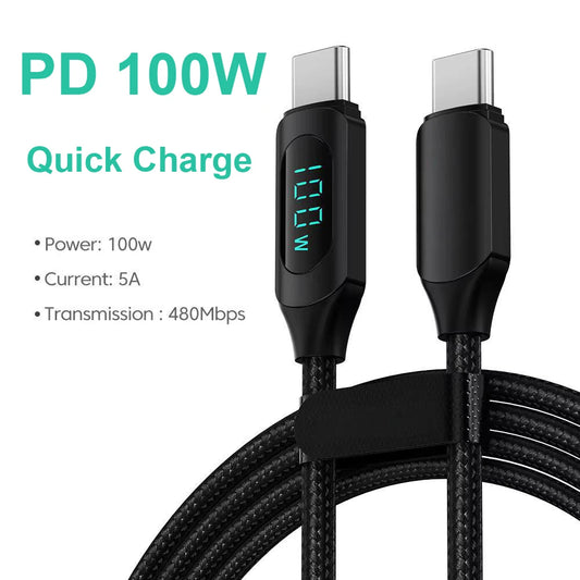 100W 1m/2m affichage numérique en temps réel Type C à Type C câble PD chargeur rapide USB C vers USB C câble pour Iphone